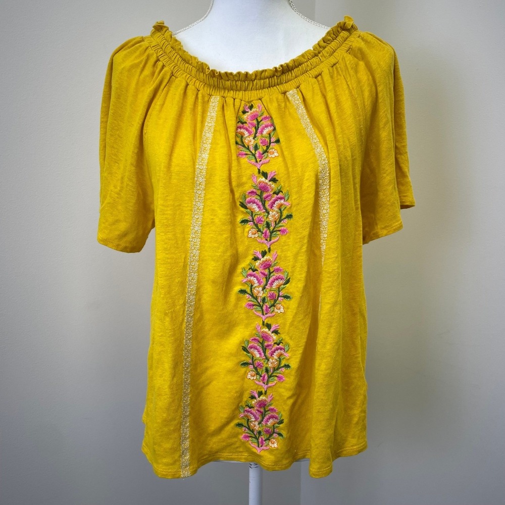 Sundance Mustard Yellow 100% Linen Embroidered Boho Ruffle Neck Top Small